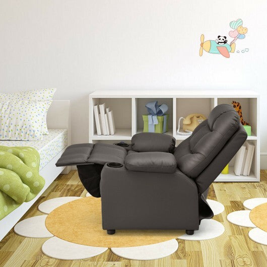 Kids Recliner Chair with Cup Holder and Footrest for Children-Brown - Color: Brown