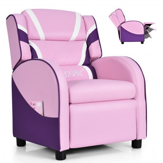 Kids Leather Recliner Chair with Side Pockets-Pink - Color: Pink
