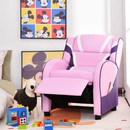 Kids Leather Recliner Chair with Side Pockets-Pink - Color: Pink