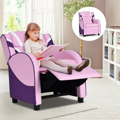 Kids Leather Recliner Chair with Side Pockets-Pink