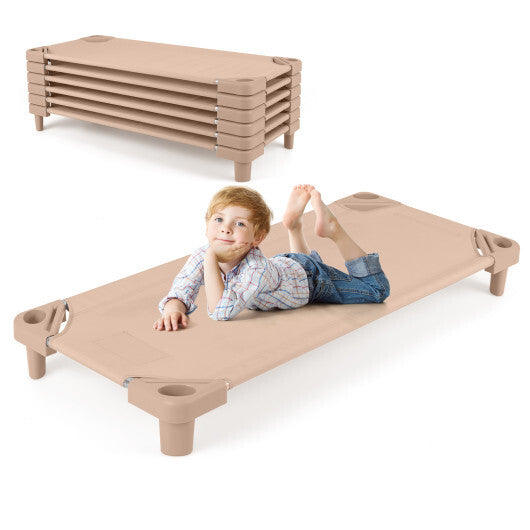 Kids Stackable Daycare Cot Pack of 6 with Detachable Oxford Cloth-Beige - Color: Beige