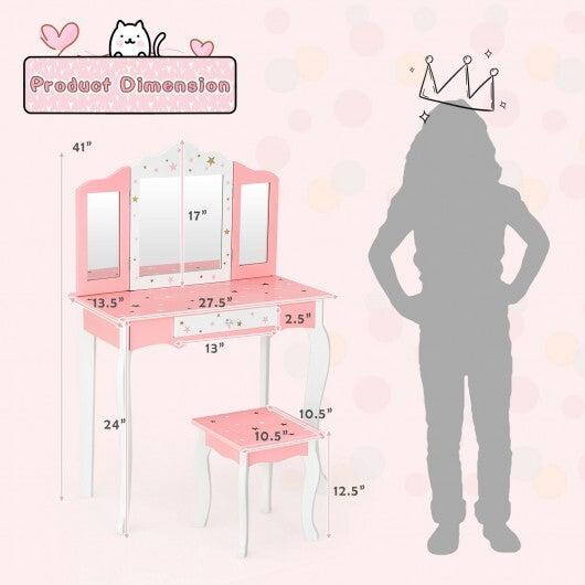 Kids Princess Vanity Table and Stool Set with Tri-folding Mirror and Drawer-Pink