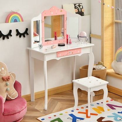 Kids Princess Vanity Table and Stool Set with Tri-folding Mirror and Drawer-Pink