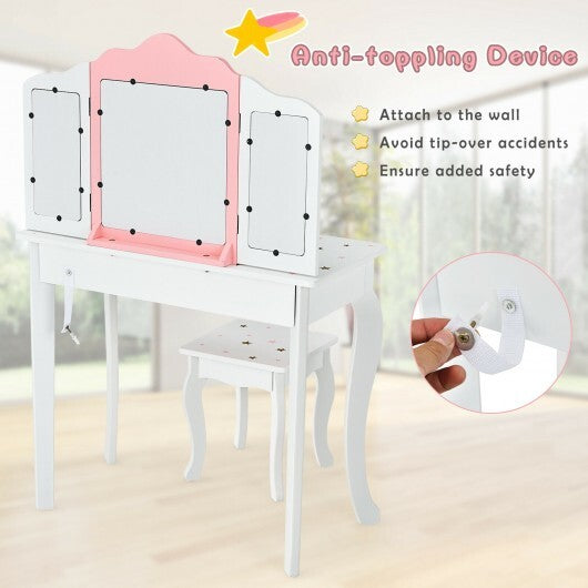 Kids Princess Vanity Table and Stool Set with Tri-folding Mirror and Drawer-Pink