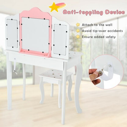 Kids Princess Vanity Table and Stool Set with Tri-folding Mirror and Drawer-Pink