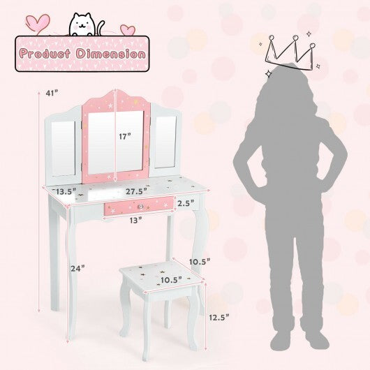 Kids Princess Vanity Table and Stool Set with Tri-folding Mirror and Drawer-Pink