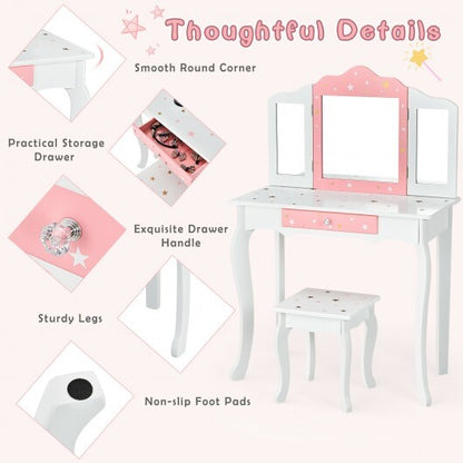 Kids Princess Vanity Table and Stool Set with Tri-folding Mirror and Drawer-Pink