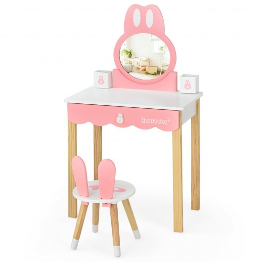 Kids Vanity Set Rabbit Makeup Dressing Table Chair Set with Mirror and Drawer-White - Color: White