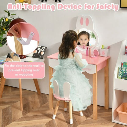 Kids Vanity Set Rabbit Makeup Dressing Table Chair Set with Mirror and Drawer-Pink