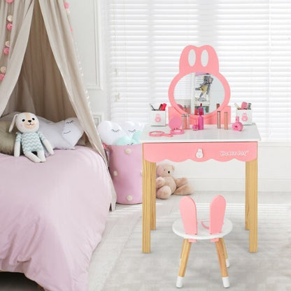 Kids Vanity Set Rabbit Makeup Dressing Table Chair Set with Mirror and Drawer-Pink