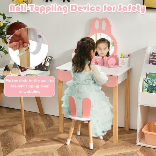 Kids Vanity Set Rabbit Makeup Dressing Table Chair Set with Mirror and Drawer-Pink