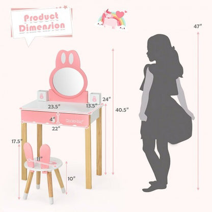 Kids Vanity Set Rabbit Makeup Dressing Table Chair Set with Mirror and Drawer-Pink