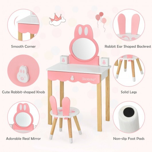 Kids Vanity Set Rabbit Makeup Dressing Table Chair Set with Mirror and Drawer-Pink