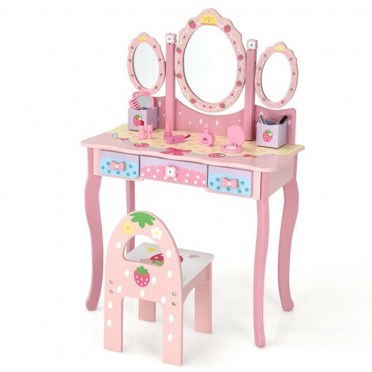 Kids Vanity Princess Makeup Dressing Table Chair Set with Tri-fold Mirror-Pink