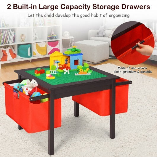 2-in-1 Kids Double-sided Activity Building Block Table with Drawers-Brown - Color: Brown