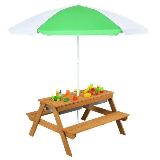 3-in-1 Kids Outdoor Picnic Water Sand Table with Umbrella Play Boxes-Green - Color: Green