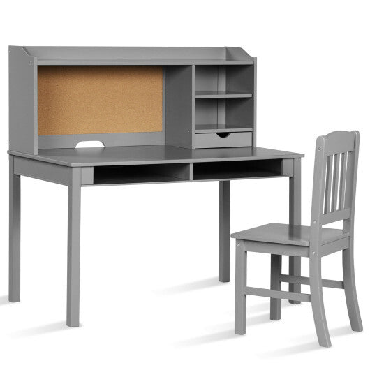 Kids Desk and Chair Set Study Writing Desk with Hutch and Bookshelves-Gray - Color: Gray