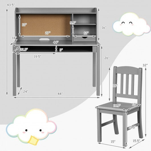 Kids Desk and Chair Set Study Writing Desk with Hutch and Bookshelves-Gray - Color: Gray