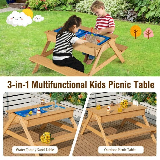 3-in-1 Kids Picnic Table Wooden Outdoor Water Sand Table with Play Boxes - Color: Natural