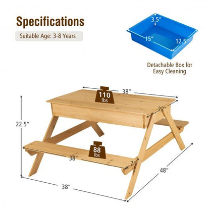 3-in-1 Kids Picnic Table Wooden Outdoor Water Sand Table with Play Boxes - Color: Natural