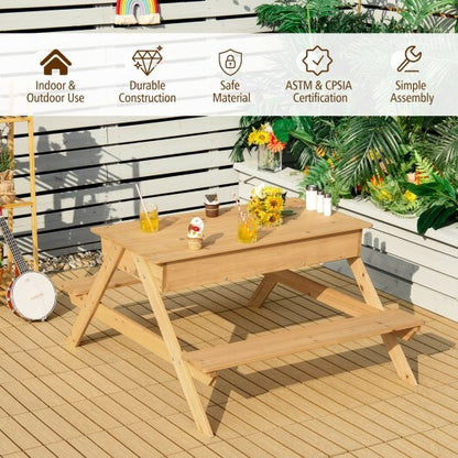 3-in-1 Kids Picnic Table Wooden Outdoor Water Sand Table with Play Boxes - Color: Natural