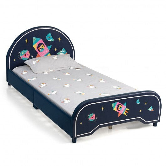 Kids Twin Size Upholstered Platform Bed with Rocket Pattern - Color: Dark Blue