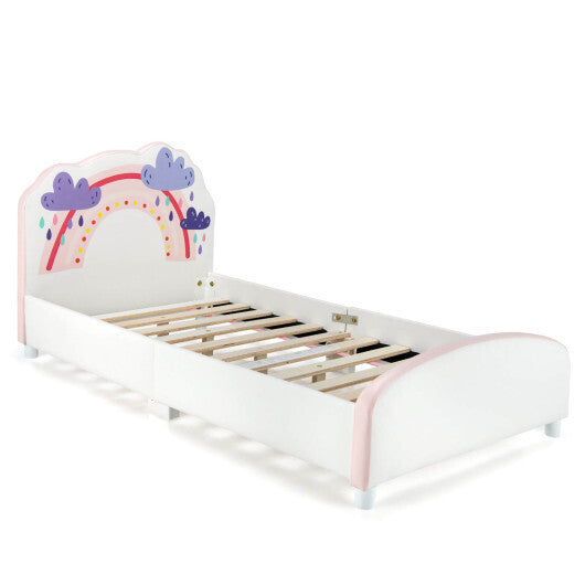 Kids Twin Size Upholstered Platform Wooden Bed with Rainbow Pattern - Color: White