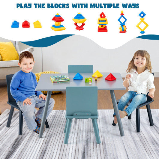 5 Pieces Kids Wooden Activity Play Furniture Set with Building Blocks-Blue - Color: Blue