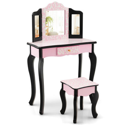 Kid Vanity Set with Tri-Folding Mirror and Leopard Print-Pink