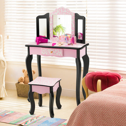 Kid Vanity Set with Tri-Folding Mirror and Leopard Print-Pink