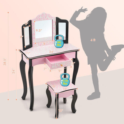 Kid Vanity Set with Tri-Folding Mirror and Leopard Print-Pink