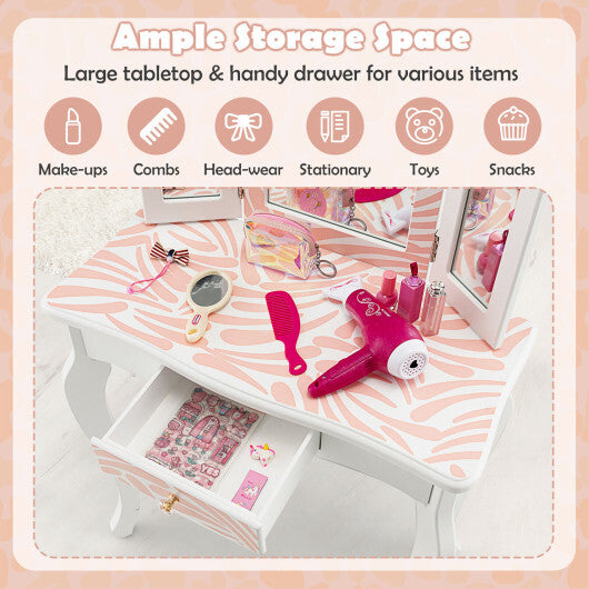 2-in-1 Kids Vanity Table Set with Tri-folding Mirror-Pink