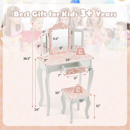 2-in-1 Kids Vanity Table Set with Tri-folding Mirror-Pink