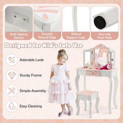 2-in-1 Kids Vanity Table Set with Tri-folding Mirror-Pink