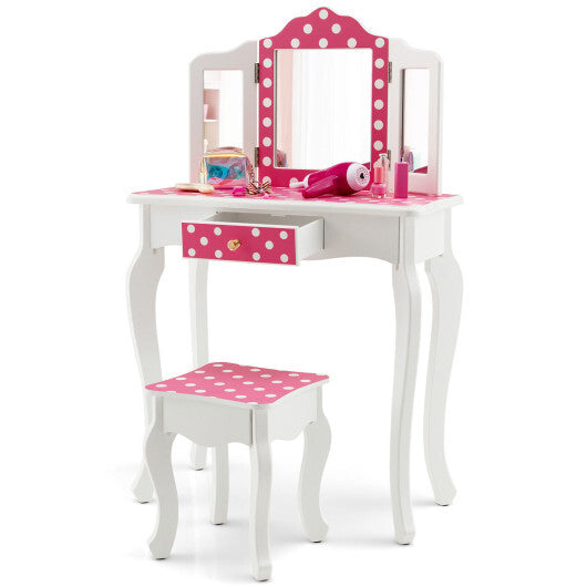 Kids Vanity Table and Stool Set with Cute Polka Dot Print-Pink - Color: Pink