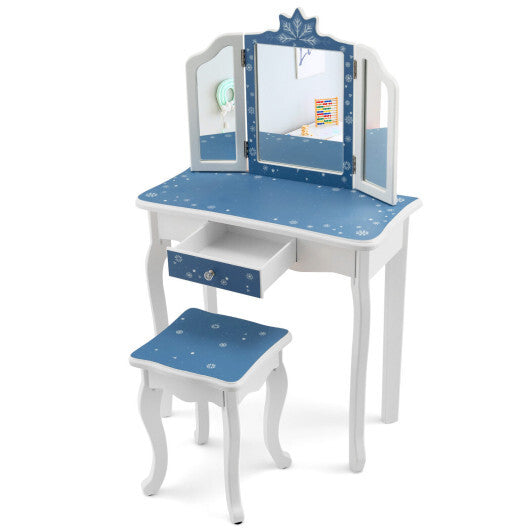 Princess Vanity Table and Chair Set with Tri-Folding Mirror and Snowflake Print-Blue