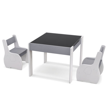 4-in-1 Wooden Activity Kids Table and Chairs with Storage and Detachable Blackboard-Gray - Color: Gray