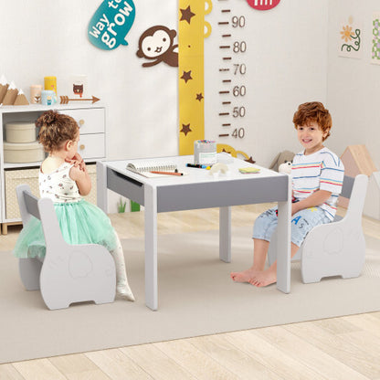 4-in-1 Wooden Activity Kids Table and Chairs with Storage and Detachable Blackboard-Gray - Color: Gray