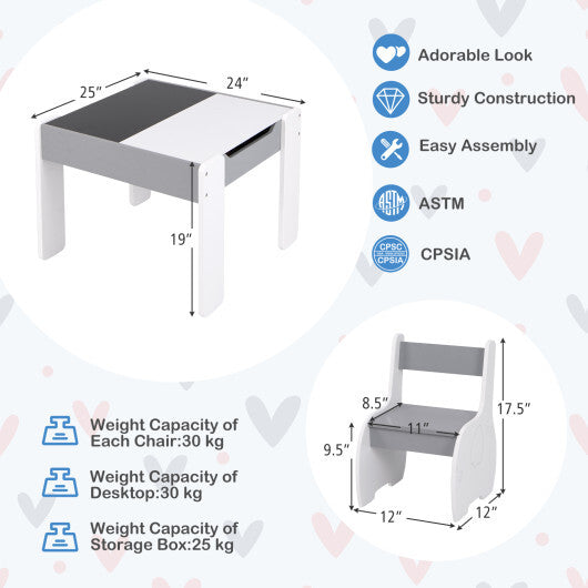 4-in-1 Wooden Activity Kids Table and Chairs with Storage and Detachable Blackboard-Gray - Color: Gray