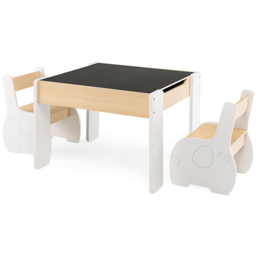 4-in-1 Wooden Activity Kids Table and Chairs with Storage and Detachable Blackboard-White - Color: White