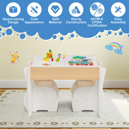 4-in-1 Wooden Activity Kids Table and Chairs with Storage and Detachable Blackboard-White - Color: White