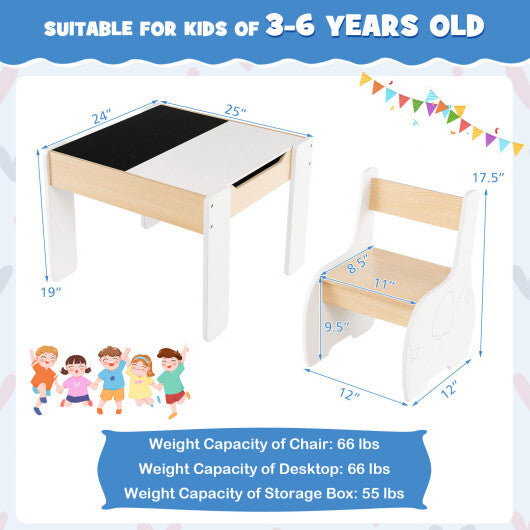 4-in-1 Wooden Activity Kids Table and Chairs with Storage and Detachable Blackboard-White - Color: White