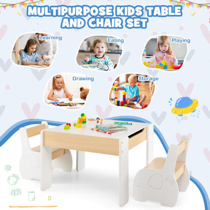 4-in-1 Wooden Activity Kids Table and Chairs with Storage and Detachable Blackboard-White - Color: White