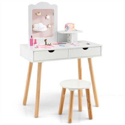 Kid Vanity Table Chair Set with Mirror and 2 Large Storage Drawers-White