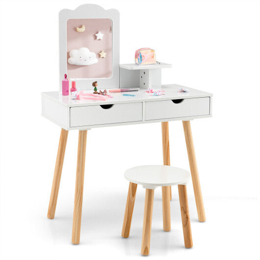 Kid Vanity Table Chair Set with Mirror and 2 Large Storage Drawers-White - Color: White