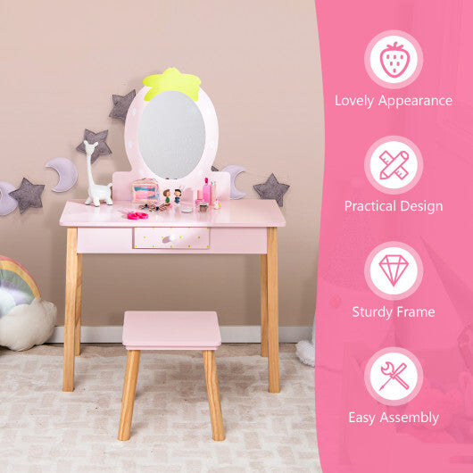 2-in-1 Children Vanity Table Stool Set with Mirror-Pink