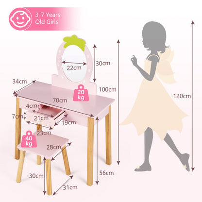 2-in-1 Children Vanity Table Stool Set with Mirror-Pink