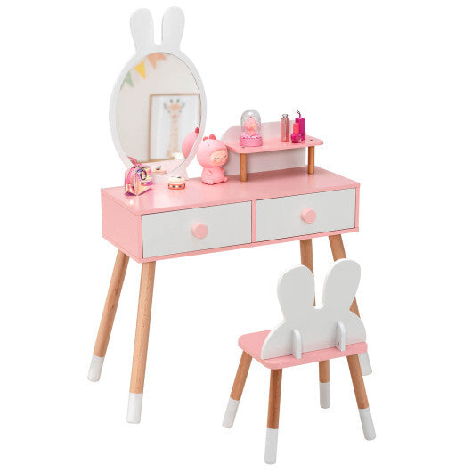 Kids Vanity Table and Chair Set with Drawer Shelf and Rabbit Mirror-White - Color: White