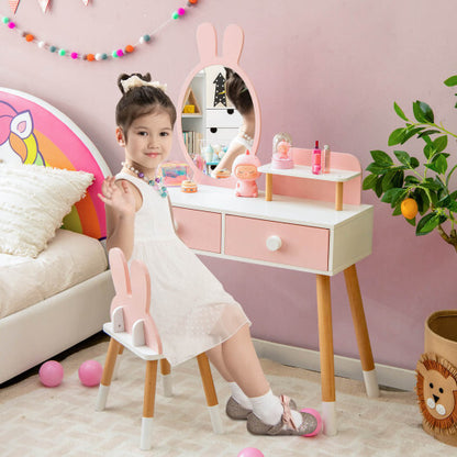 Kids Vanity Table and Chair Set with Drawer Shelf and Rabbit Mirror-Pink