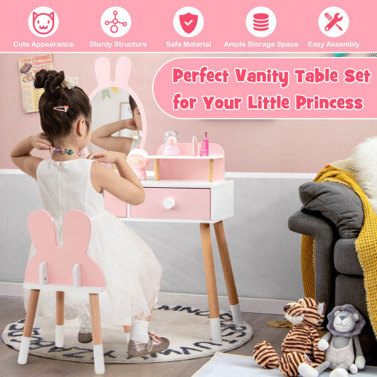 Kids Vanity Table and Chair Set with Drawer Shelf and Rabbit Mirror-Pink